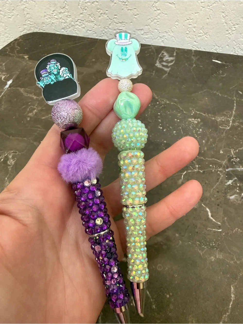Haunted Mansion Doom Buggy and Glow Ghost Rhinestone Beaded Pen Set Handmade